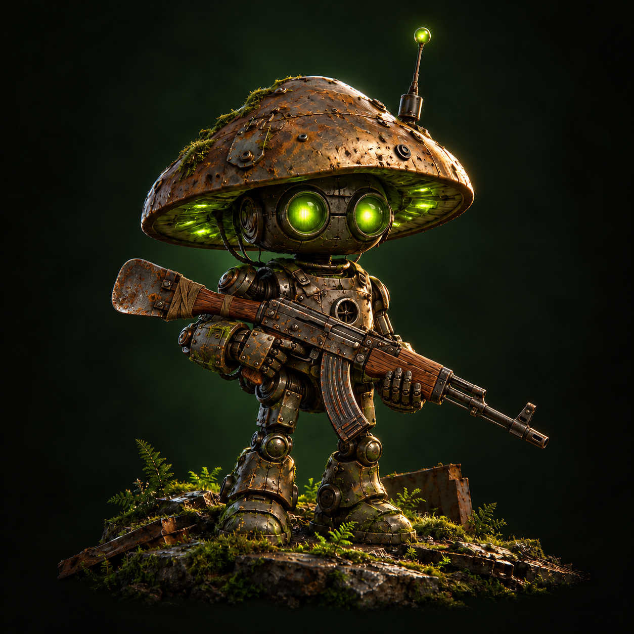 GOMPBOT, a scrap-metal mushroom robot with glowing green eyes, holding a Rust-style AK.
